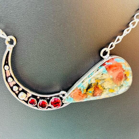 Hand Crafted Jewelry - 925 Sterling Oyster Turquoise & Garnet Necklace